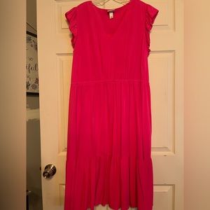 Pink short sleeve midi dress.